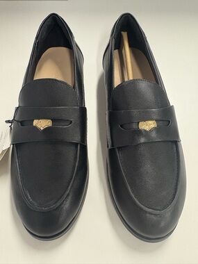 Black Leather Women's Loafers with Gold Accent